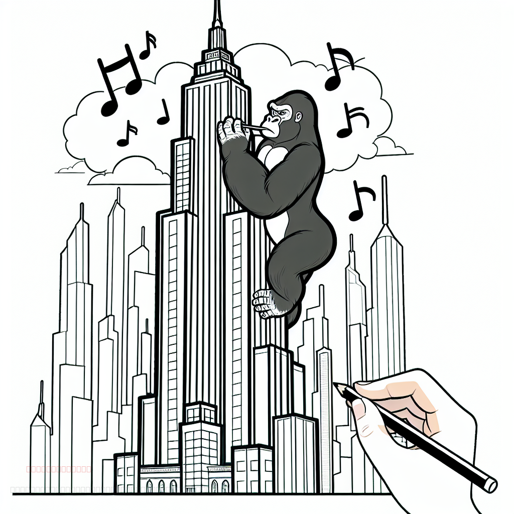 A skyscraper with king Kong climbing on it playing the flute